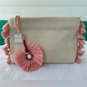 Shiraleah 12” x 8 “  Boho Zip Cream & Pink Lined Cosmetic Bag  NWT